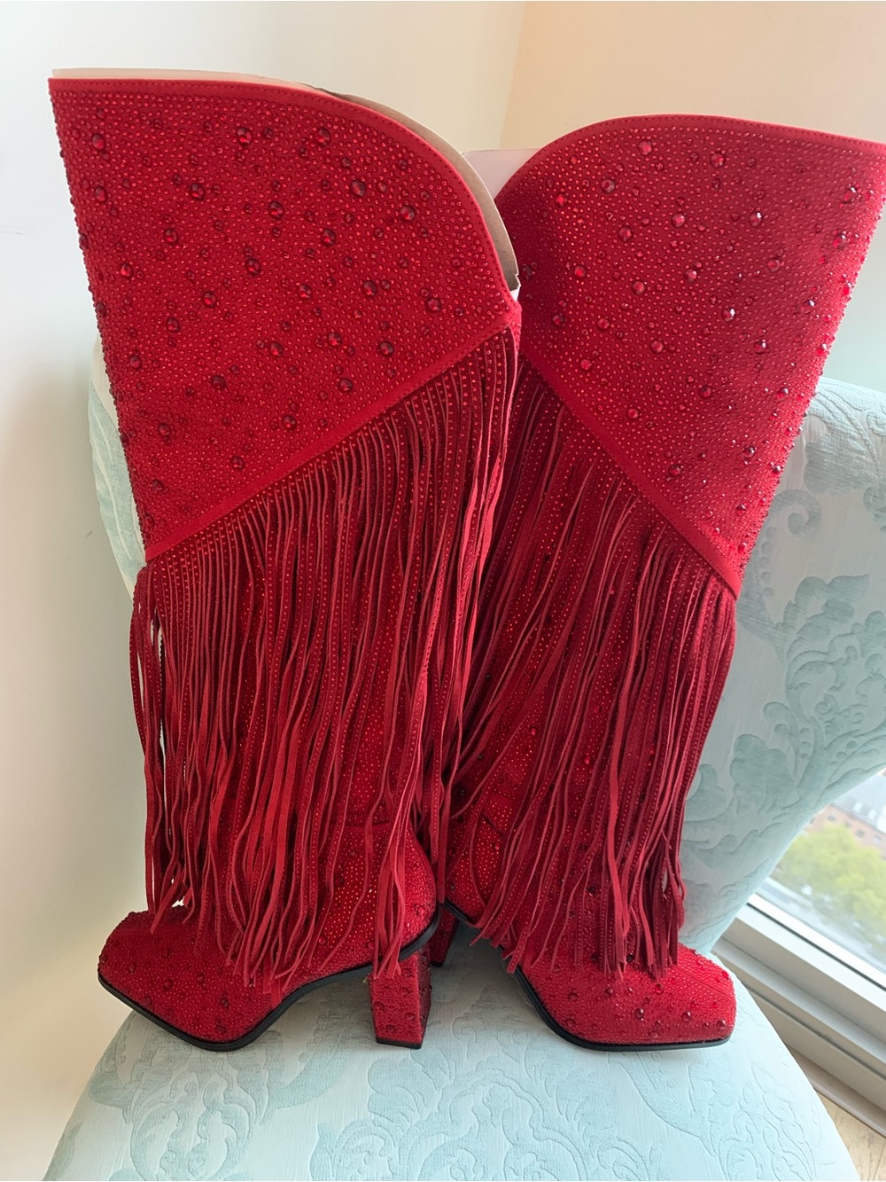 Jessica Simpson Red Fringe Mid-Calf Heeled Boots - Women - Picture 2 of 4